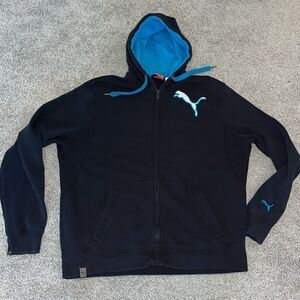Black Teal Puma full zipper hoodie hooded running sweatshirt jacket L